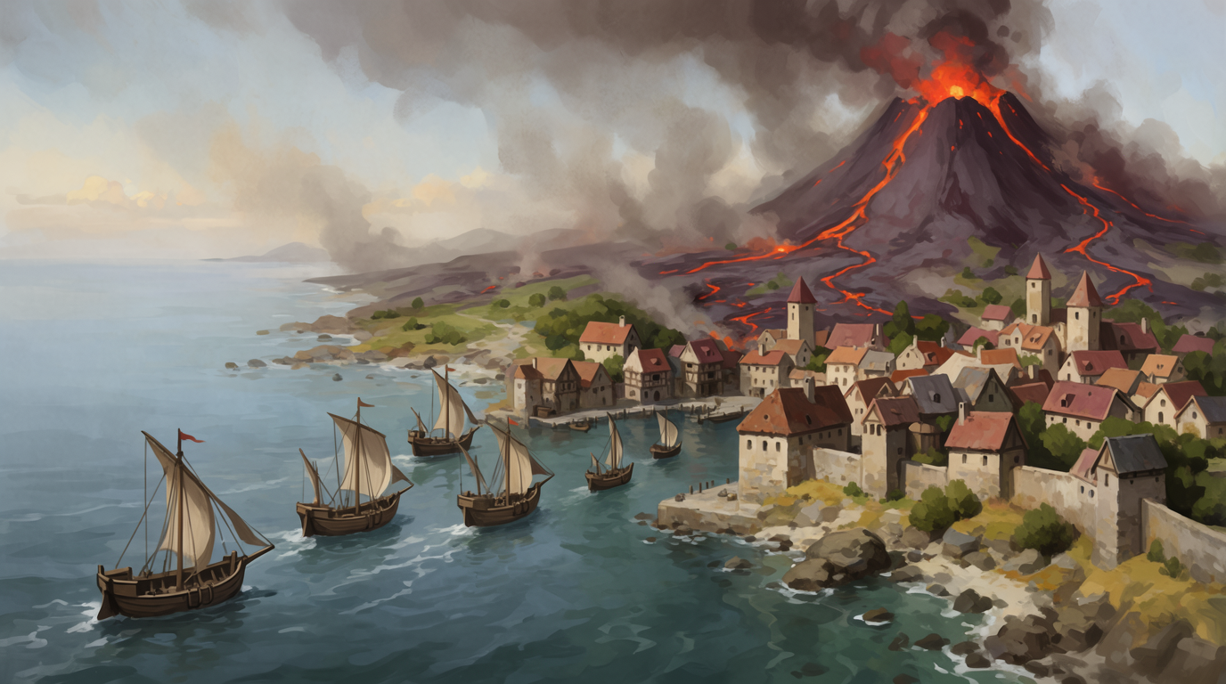 Des navires quittent une cité côtière au pied d’un volcan en éruption.