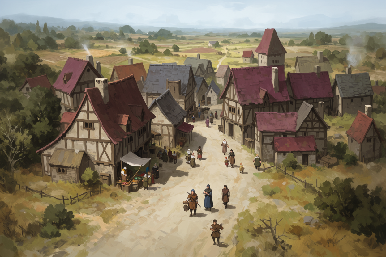 Une ville médiévale animée, entourée de champs et de forêts.
